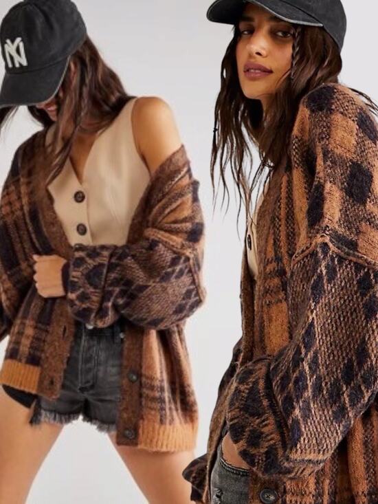 Free People Sweaters - Free People Oversized Plaid Cardigan Sweater Medium Cobain Grunge Dark Academia